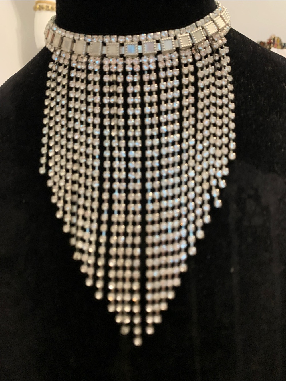 Vintage 70/80s Glamorous Silver Crystal Fringe Choker Necklace